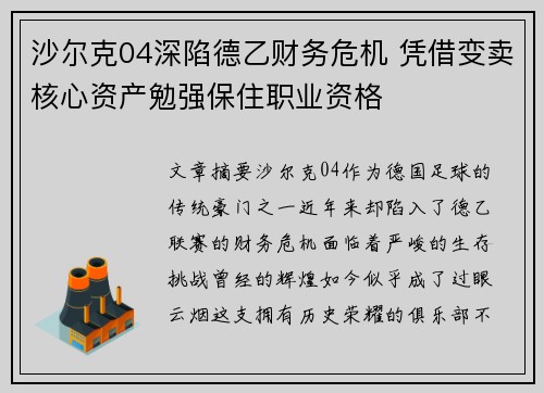 沙尔克04深陷德乙财务危机 凭借变卖核心资产勉强保住职业资格