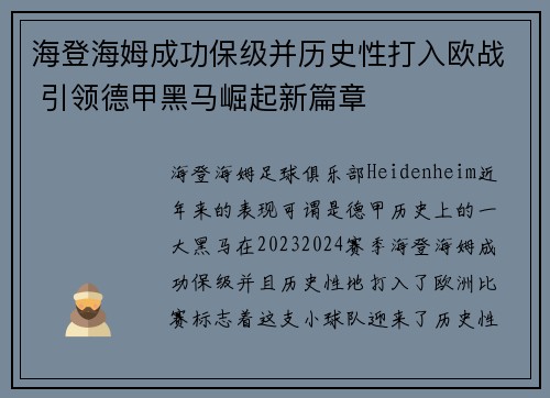 海登海姆成功保级并历史性打入欧战 引领德甲黑马崛起新篇章
